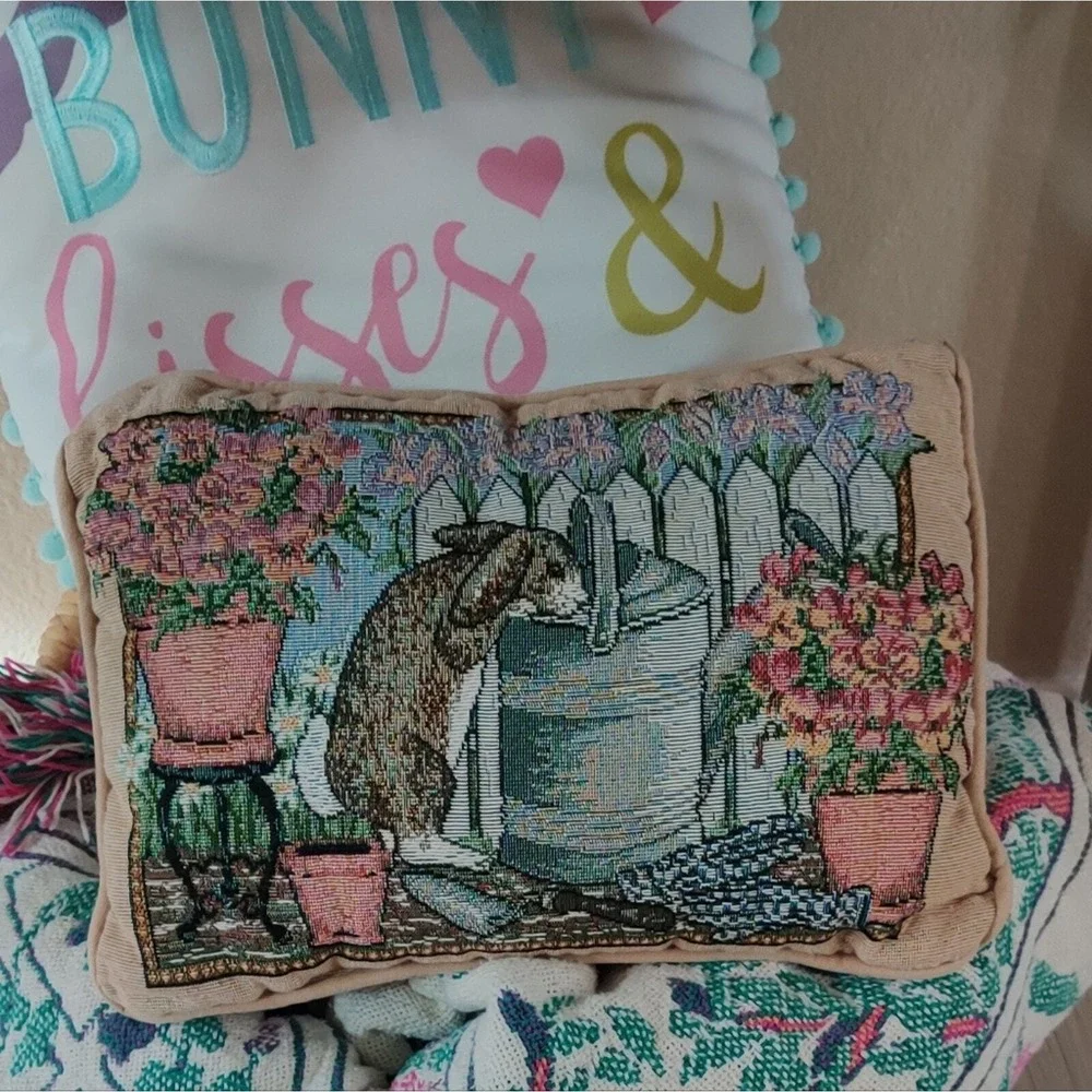 Grannycore Cottagecore Easter Tapestry Bunny Watering Can Floral Pillow